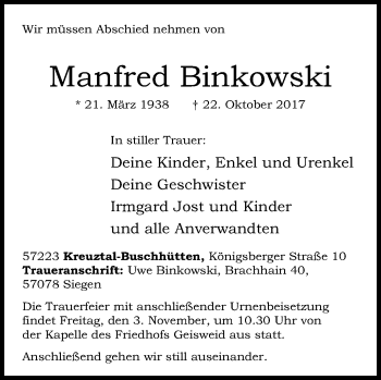 Traueranzeige von Manfred Binkowski von Siegener Zeitung