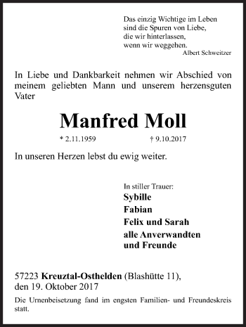 Traueranzeige von Manfred Moll von Siegener Zeitung