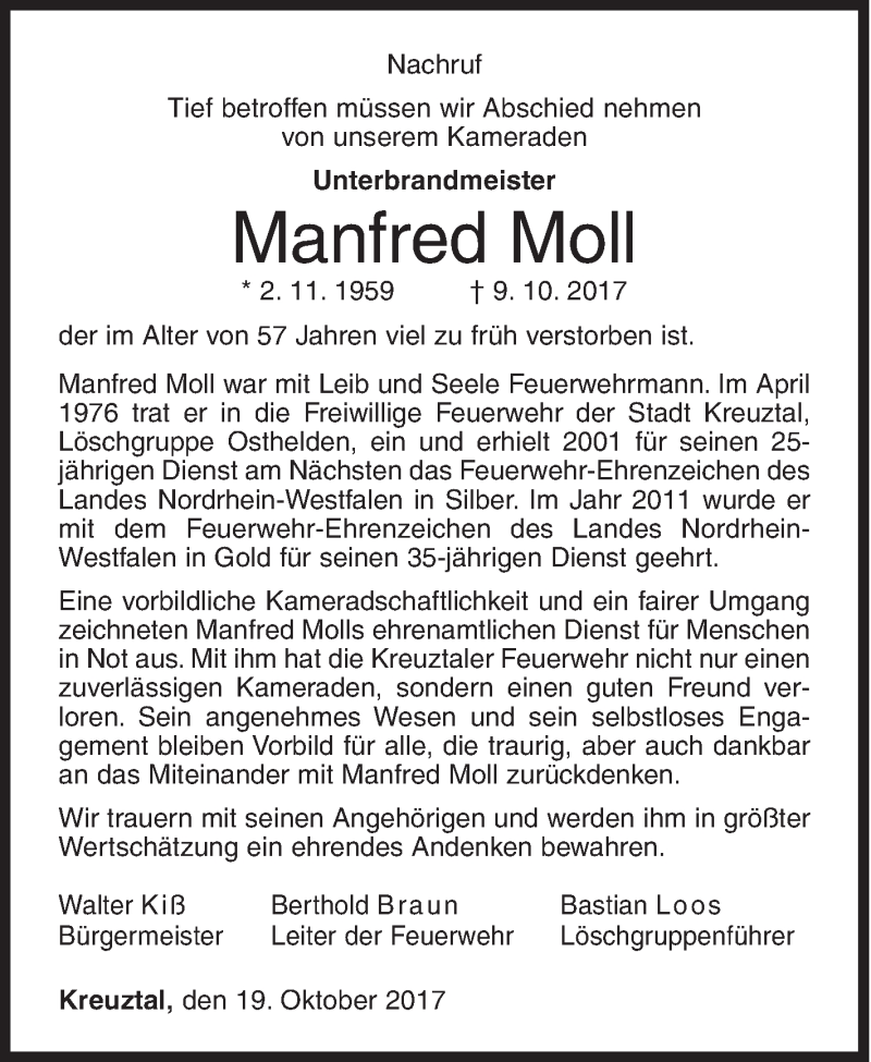  Traueranzeige für Manfred Moll vom 19.10.2017 aus Siegener Zeitung