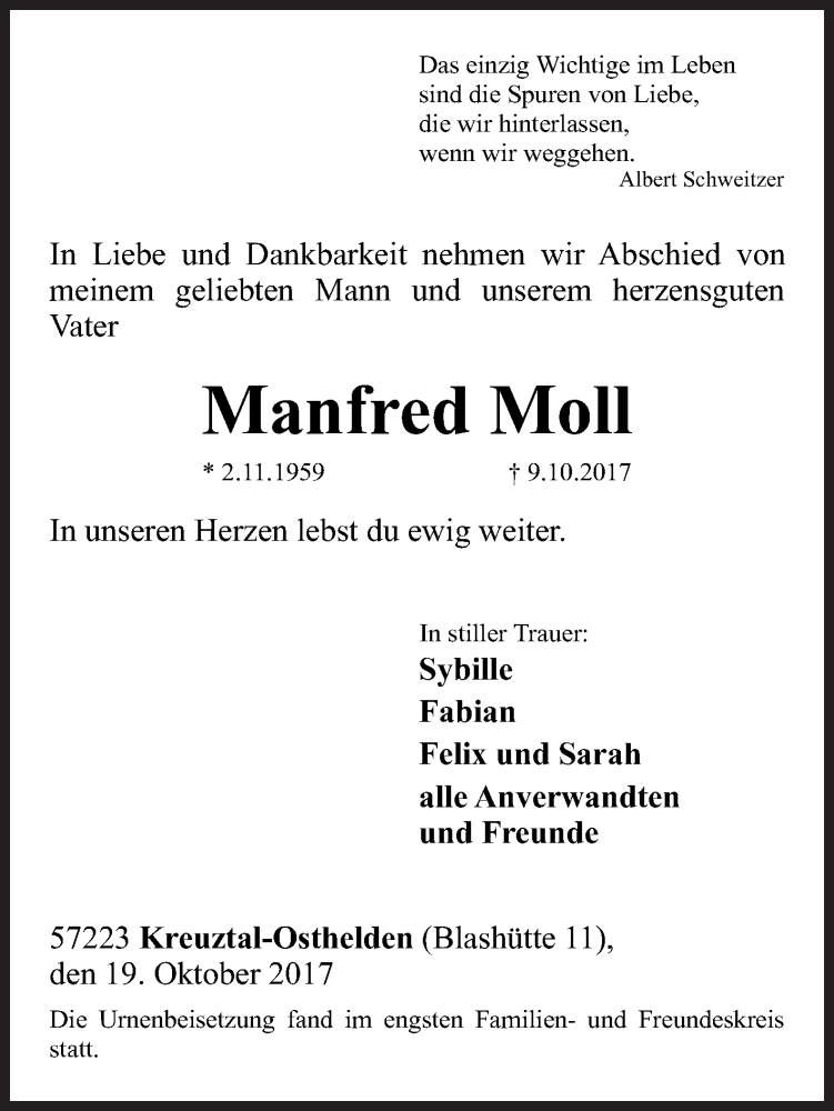  Traueranzeige für Manfred Moll vom 19.10.2017 aus Siegener Zeitung