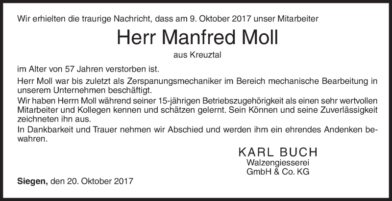  Traueranzeige für Manfred Moll vom 20.10.2017 aus Siegener Zeitung