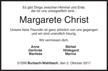 Traueranzeige von Margarete Christ von Siegener Zeitung