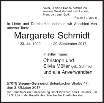 Traueranzeige von Margarete Schmidt von Siegener Zeitung