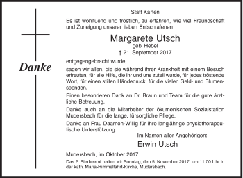 Traueranzeige von Margarete Utsch von Siegener Zeitung