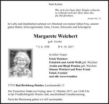 Traueranzeige von Margarete Weichert von Siegener Zeitung