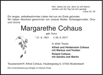 Traueranzeige von Margarethe Cohaus von Siegener Zeitung
