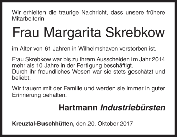 Traueranzeige von Margarita Skrebkow von Siegener Zeitung