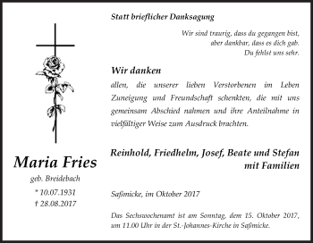 Traueranzeige von Maria Fries von Siegener Zeitung