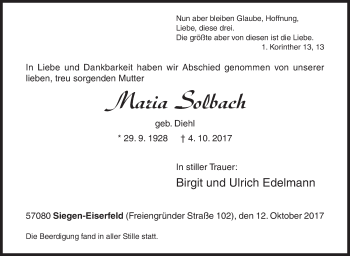 Traueranzeige von Maria Solbach von Siegener Zeitung