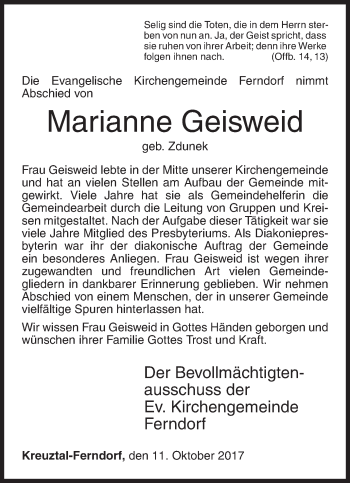 Traueranzeige von Marianne Geiswind von Siegener Zeitung