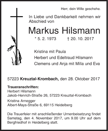 Traueranzeige von Markus Hilsmann von Siegener Zeitung