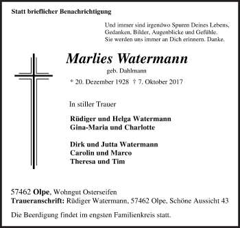 Traueranzeige von Marlies Watermann von Siegener Zeitung