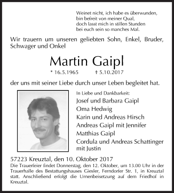 Traueranzeige von Martin Gaipl von Siegener Zeitung