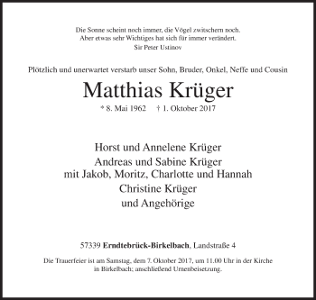Traueranzeige von Matthias Krüger von Siegener Zeitung