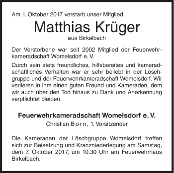 Traueranzeige von Matthias Krüger von Siegener Zeitung