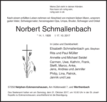 Traueranzeige von Norbert Schmallenbach von Siegener Zeitung
