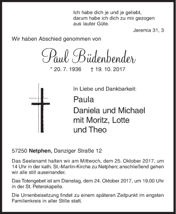 Traueranzeige von Paul Büdenbender von Siegener Zeitung