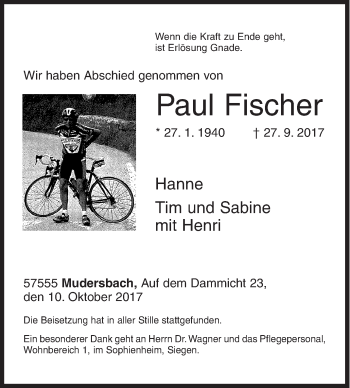 Traueranzeige von Paul Fischer von Siegener Zeitung