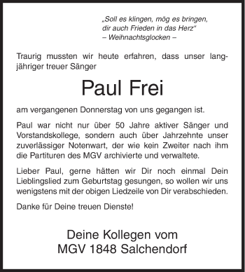 Traueranzeige von Paul Frei von Siegener Zeitung