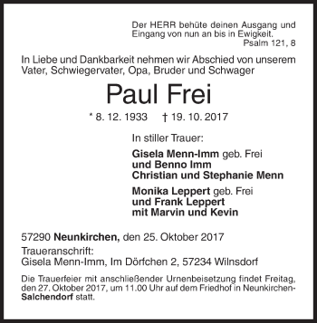 Traueranzeige von Paul Frei von Siegener Zeitung