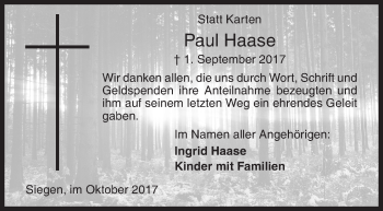 Traueranzeige von Paul Haase von Siegener Zeitung