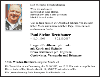 Traueranzeige von Paul Stefan Bretthauer von Siegener Zeitung