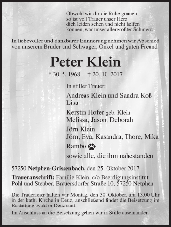 Traueranzeige von Peter Klein von Siegener Zeitung