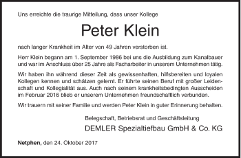 Traueranzeige von Peter Klein von Siegener Zeitung