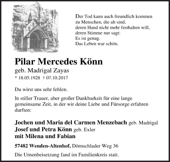 Traueranzeige von Pilar Mercedes Könn von Siegener Zeitung