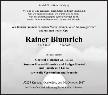 Traueranzeige von Rainer Blumrich von Siegener Zeitung