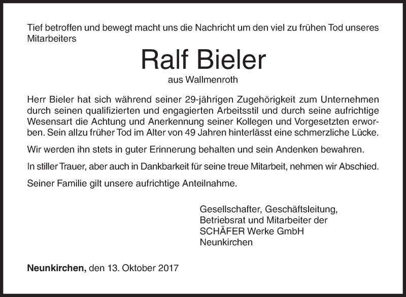  Traueranzeige für Ralf Bieler vom 13.10.2017 aus Siegener Zeitung