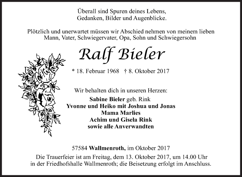  Traueranzeige für Ralf Bieler vom 12.10.2017 aus Siegener Zeitung