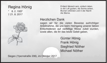 Traueranzeige von Regina Hönig von Siegener Zeitung