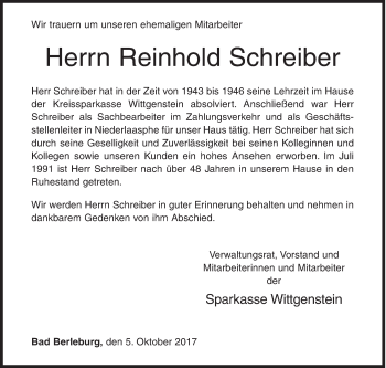 Traueranzeige von Reinhold Schreiber von Siegener Zeitung