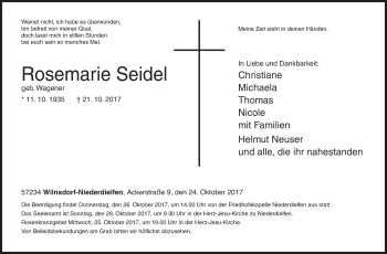 Traueranzeige von Rosemarie Seidel von Siegener Zeitung