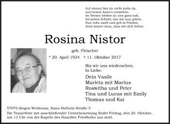 Traueranzeige von Rosina Nistor von Siegener Zeitung