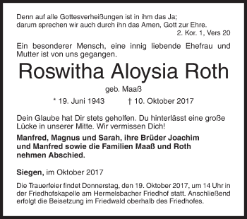 Traueranzeige von Roswitha Aloysia Roth von Siegener Zeitung