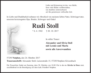 Traueranzeige von Rudi Stoll von Siegener Zeitung