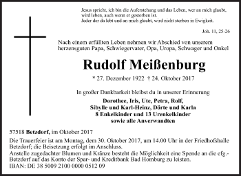 Traueranzeige von Rudolf Meißenburg von Siegener Zeitung