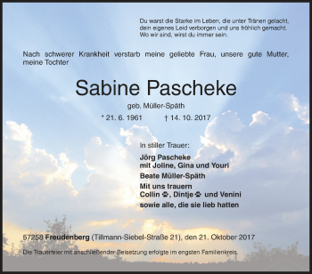 Traueranzeige von Sabine Pascheke von Siegener Zeitung
