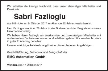 Traueranzeige von Sabri Fazlioglu von Siegener Zeitung