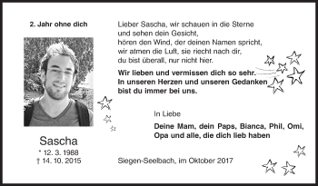 Traueranzeige von Sascha  von Siegener Zeitung