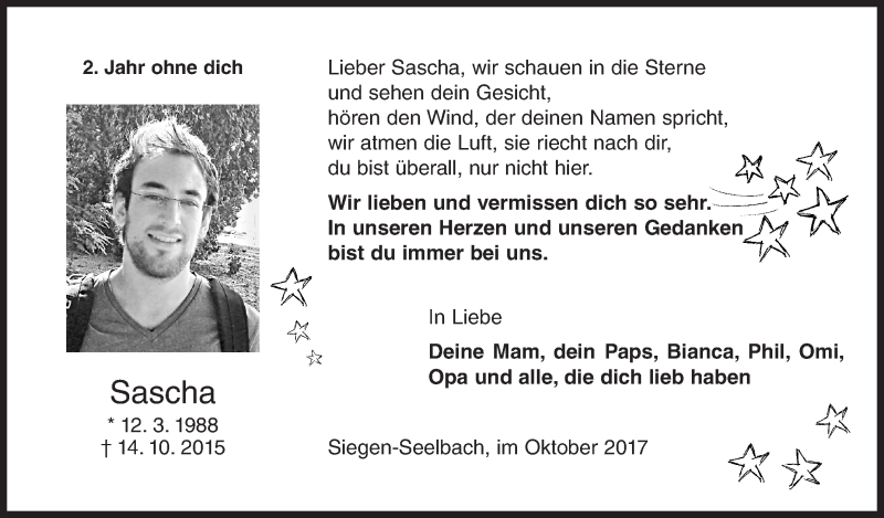  Traueranzeige für Sascha  vom 14.10.2017 aus Siegener Zeitung
