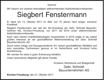 Traueranzeige von Siegbert Fenstermann von Siegener Zeitung