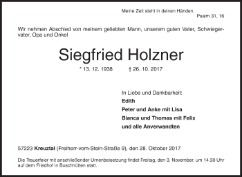 Traueranzeige von Siegfried Holzner von Siegener Zeitung