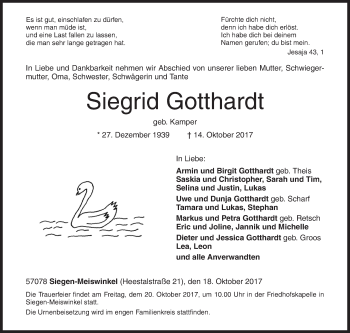 Traueranzeige von Siegrid Gotthardt von Siegener Zeitung