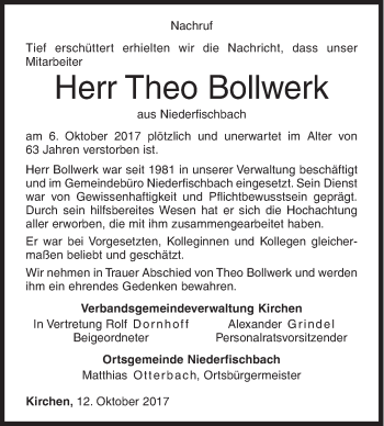 Traueranzeige von Theo Bollwerk von Siegener Zeitung