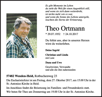 Traueranzeige von Theo Ortmann von Siegener Zeitung