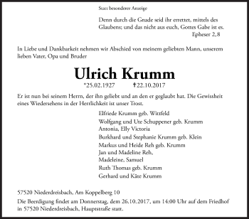 Traueranzeige von Ulrich Krumm von Siegener Zeitung