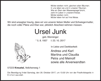Traueranzeige von Ursel Junk von Siegener Zeitung